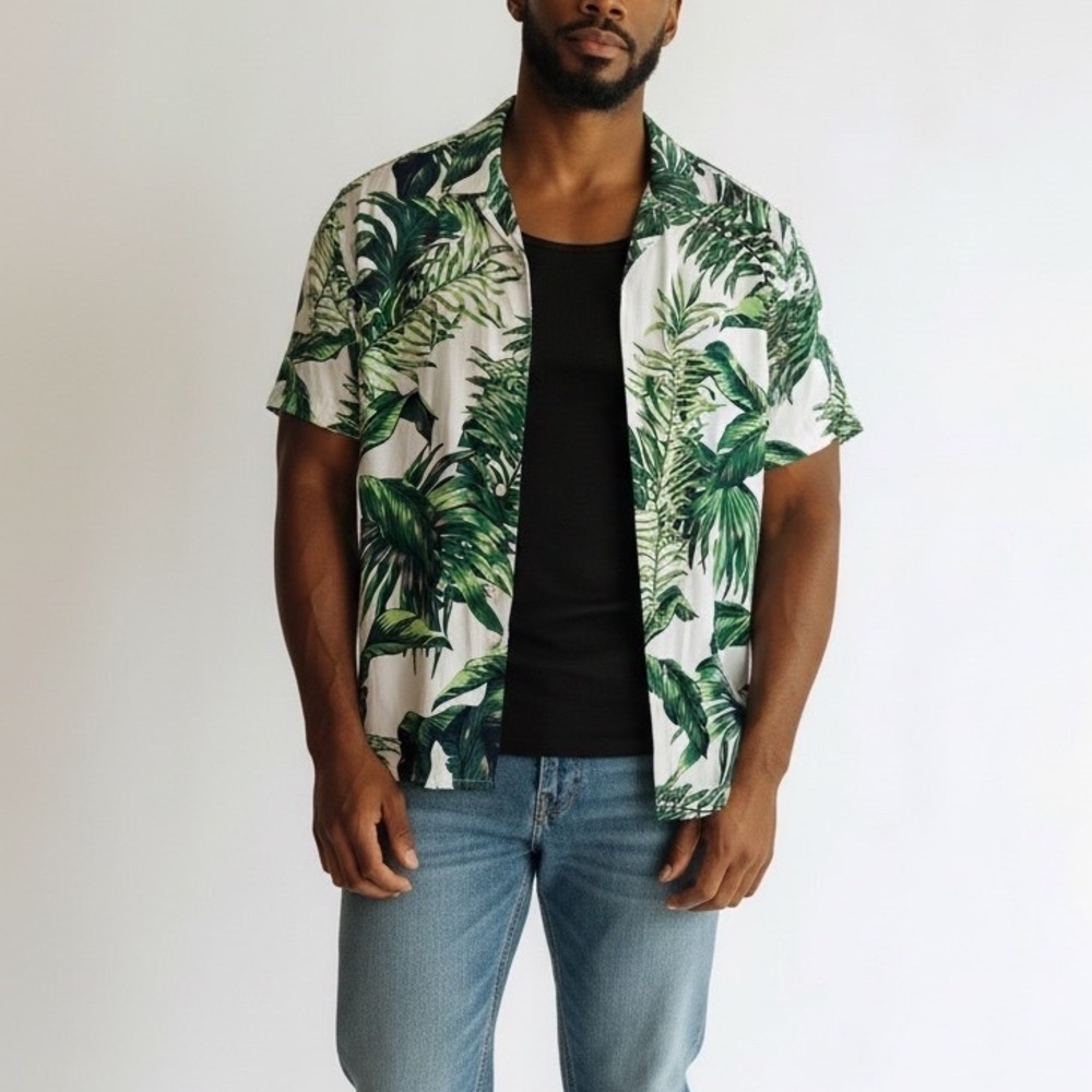 HM Mens Tropical Palm Leaf Print Viscose Short Sleeve Camp Shirt White Green L